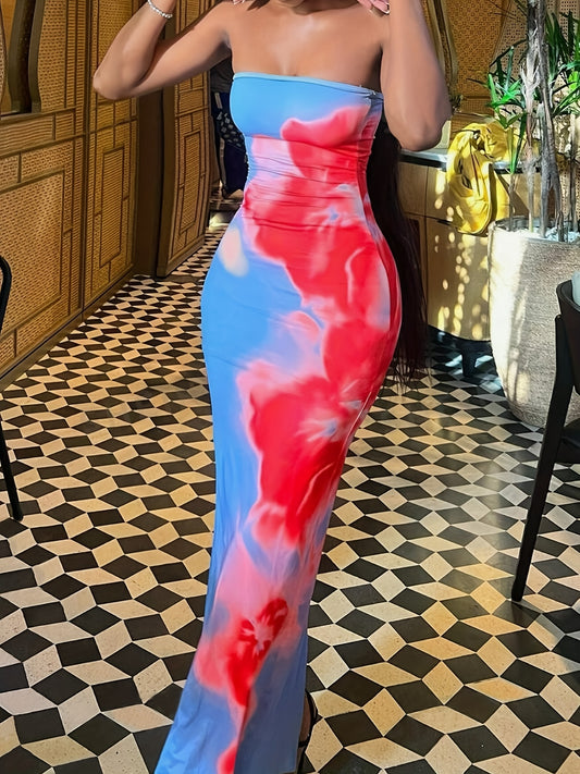 1pc Women's Romantic Floral Print Bandeau Dress, Sexy Polyester Knit Fabric with Split Detail, All-Season Strapless Maxi Dress for Adults