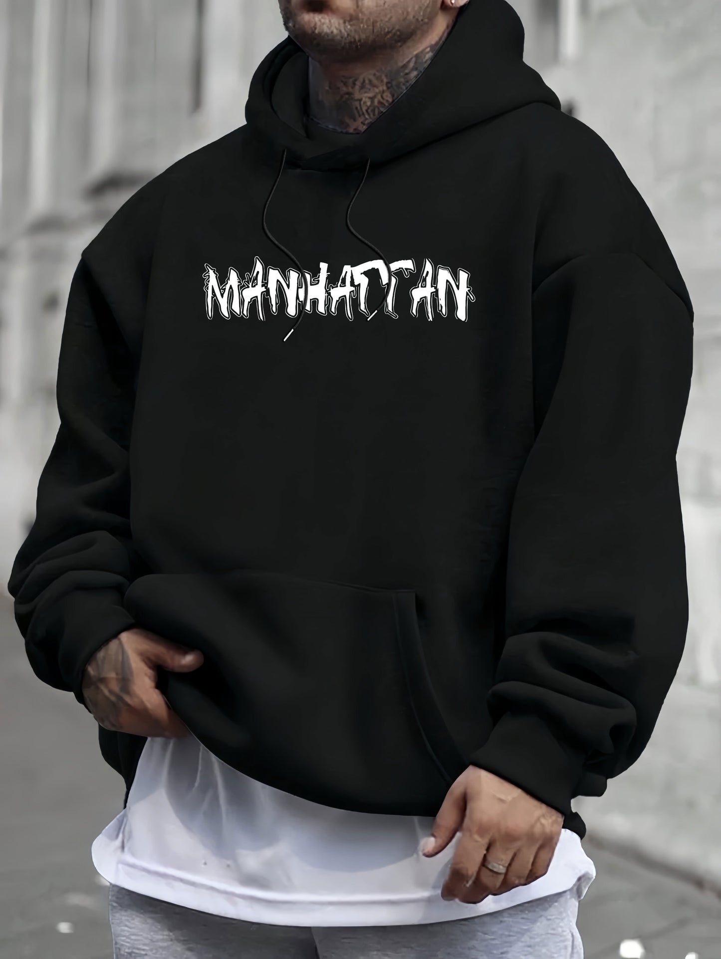 Comfort King, Men's Casual Letter Print Hoodie with Kangaroo Pocket - Cozy Fleece Pullover for Fall & Winter, Stylish Drop Shoulder Design