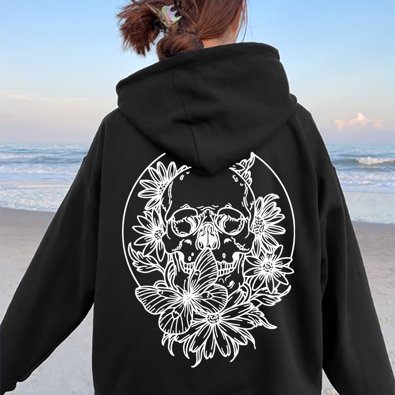 Plus Size Floral Skull Print Hoodie - Casual Oversized Pullover with Long Sleeves, Pocket Detail, Slight Stretch Polyester - Women's Fall/Winter Hooded Knit Sweatshirt