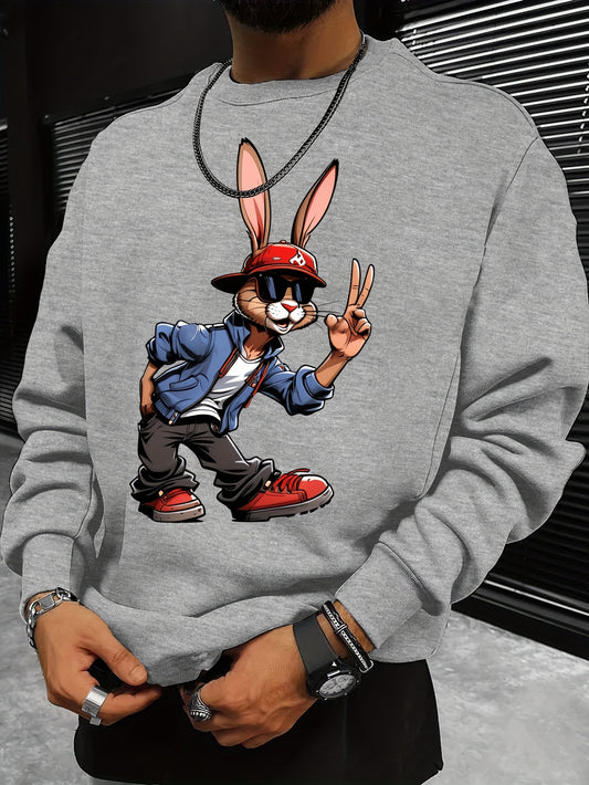 Men's Casual Crew Neck Sweatshirt with Animated Rabbit Print - Polyester Knit Fabric with Slight Stretch, Regular Fit Long Sleeve Active Pullover