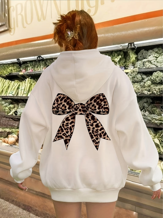 Women's Fashion Hoodie Sweatshirt with Drawstring, Casual Polyester Hooded Long Sleeve Top with Leopard Print Bow Detail, Knit Fabric, All-Season Comfort