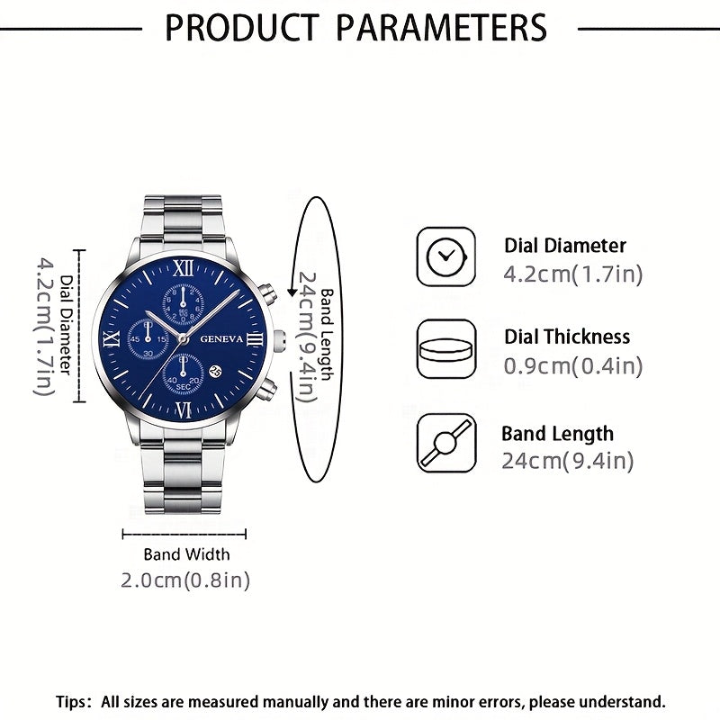 Luxury Gift Set For Men: Stainless Steel Quartz Watch With Calendar, Silvery Bracelet Necklace Ring - Perfect Accessories For Business And Leisure