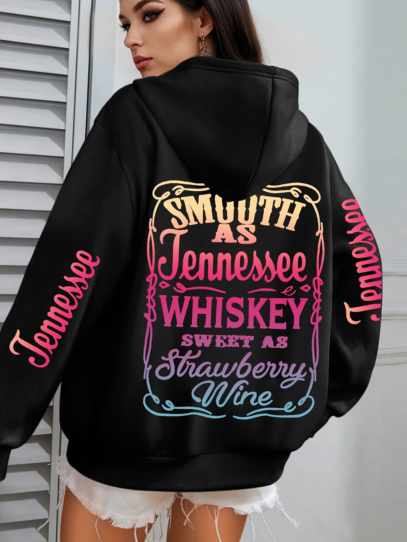 Plus Size Casual Hoodie with Tennessee Whiskey & Strawberry Wine Applique - 100% Polyester, Hooded, Medium Stretch Knit Fabric, Alphabet Pattern, Cozy Fall/Winter Style