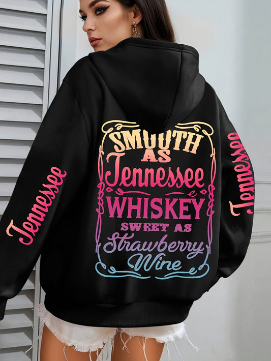 Plus Size Casual Hoodie with Tennessee Whiskey & Strawberry Wine Applique - 100% Polyester, Hooded, Medium Stretch Knit Fabric, Alphabet Pattern, Cozy Fall/Winter Style