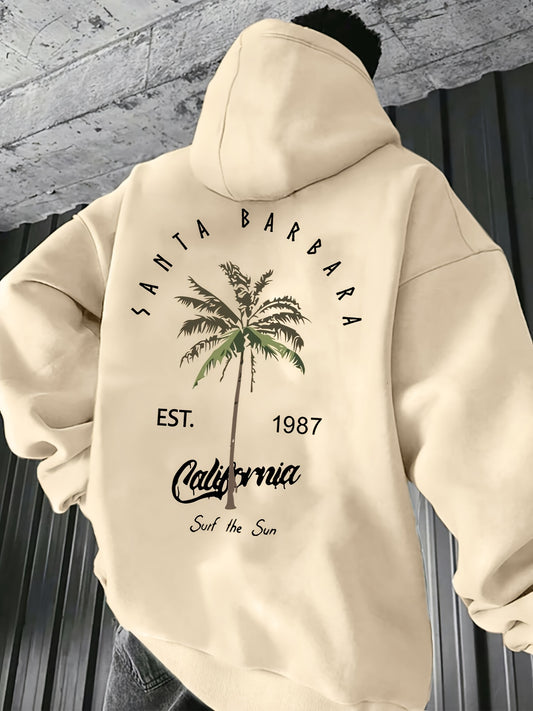 1pc Men'S Casual Tropical Palm Tree Print Hooded Sweatshirt, French Terry Knit Fabric, Non-Stretch, Loose Fit with Pocket Detail, Polyester 100% - Cozy & Sporty