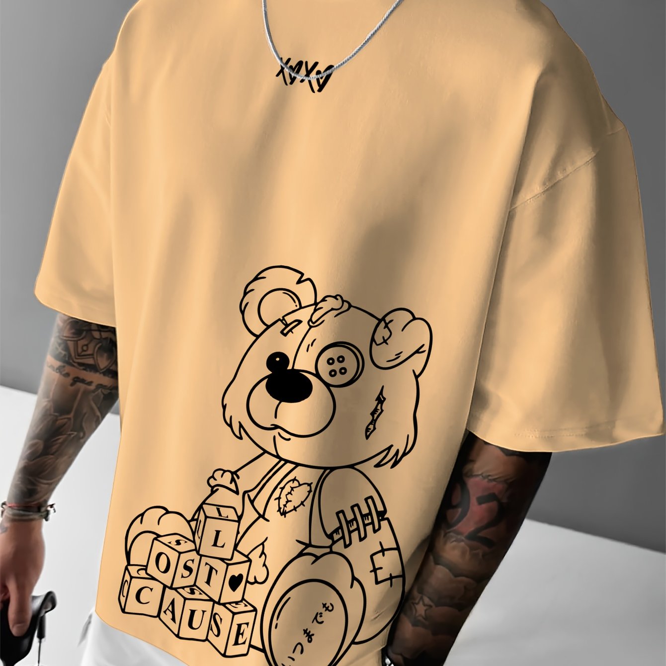 Men'S Casual Loose Short-Sleeve T-Shirt with a Bear Pattern Print.