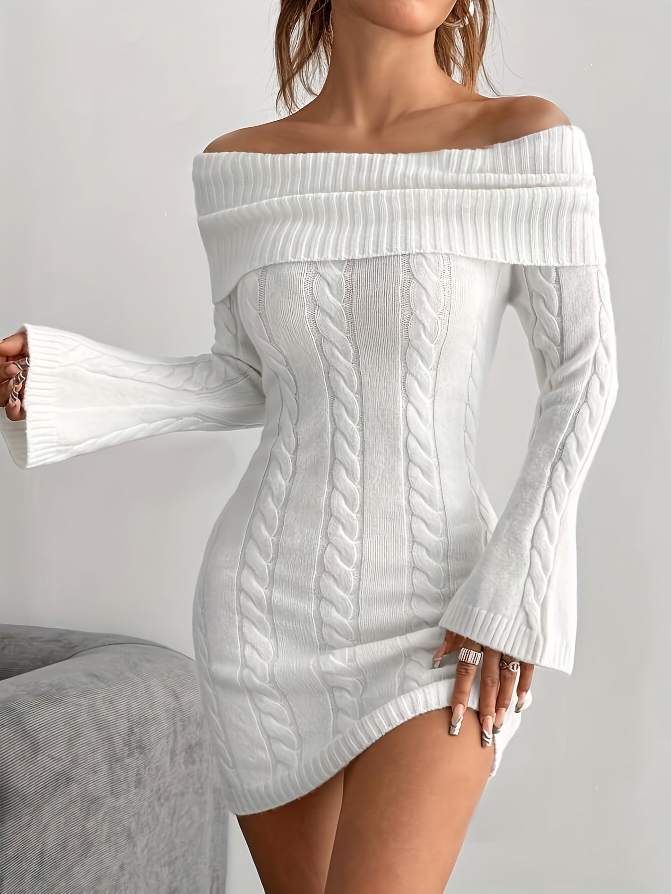 [Allseason Dress] Elegant Off-Shoulder Cable Knit Dress - Chic White Long Sleeve Bodycon Mini with Ribbed Detailing, Polyester, Perfect for All Seasons