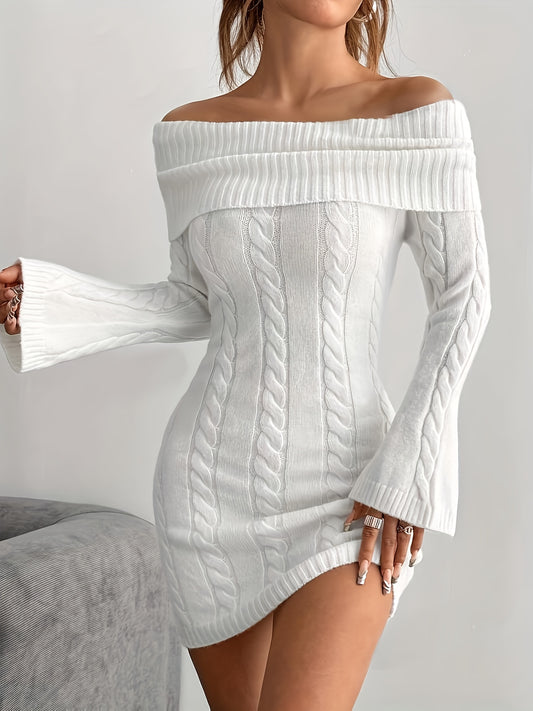 [Allseason Dress] Elegant Off-Shoulder Cable Knit Dress - Chic White Long Sleeve Bodycon Mini with Ribbed Detailing, Polyester, Perfect for All Seasons