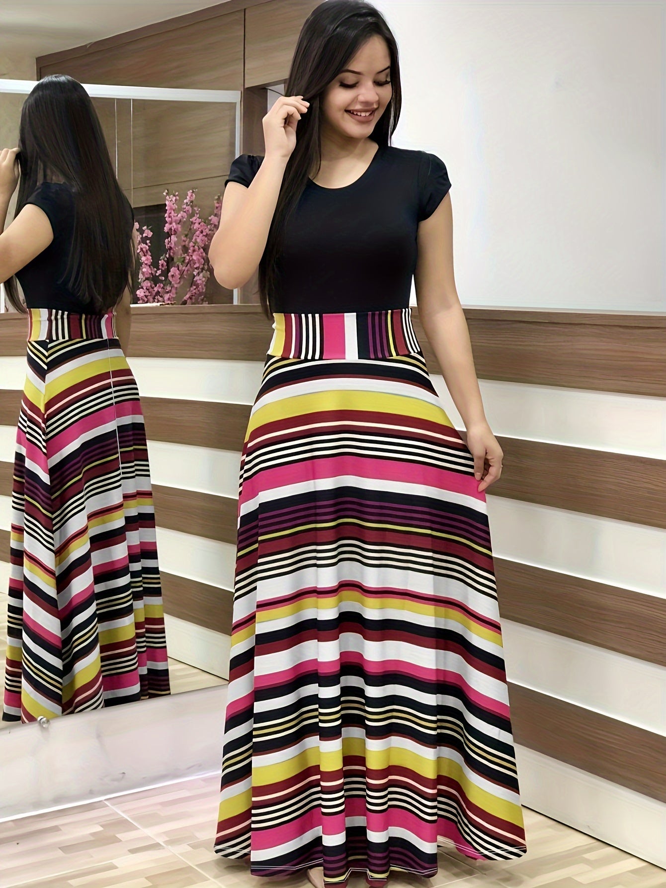 Floral Print Splicing Maxi Dress, Casual Crew Neck Short Sleeve Dress For Spring & Summer, Women's Clothing