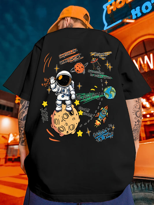 1pc Men'S Fashion Hand-Drawn Cartoon Planet Print Casual Loose Short Sleeve T-Shirt, Polyester Crew Neck Knit Fabric with Slight Stretch, Summer Tee