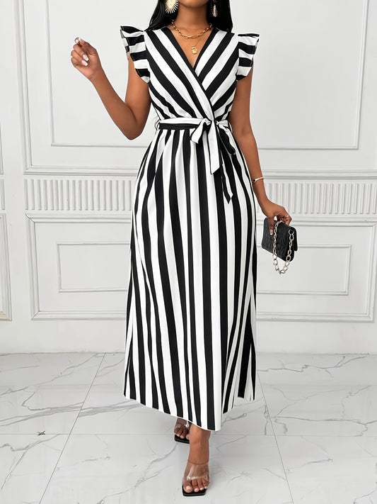 Elegant Women'S Long Dress with V-Neck and Butterfly Sleeves, Black and White Vertical Stripe Print, Polyester 100%, Lace-Up Detail, All-Season Pinafore Style