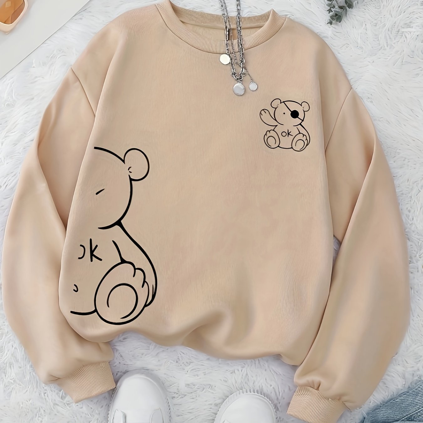 Cuddle-Ready, Women's Cute Pirate Bear Print Crew Neck Sweatshirt - Cozy Polyester, Machine Washable, Non-Sheer, Knit Fabric, Perfect for Fall & Winter - Casual Long Sleeve Pullover