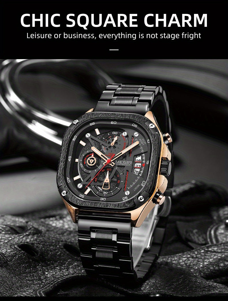 MEGIR Black Quartz Watch Men Square Dial Wristwatch with Chronograph Stainless Steel Strap Luminous Hands Auto Date