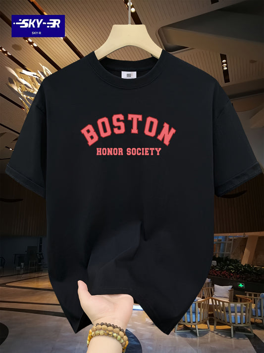Men's Loose 100% Cotton Boston Graphic Print T-shirt, Casual Short Sleeve Crew Neck Tee, Men's Clothing For Summer Outdoor