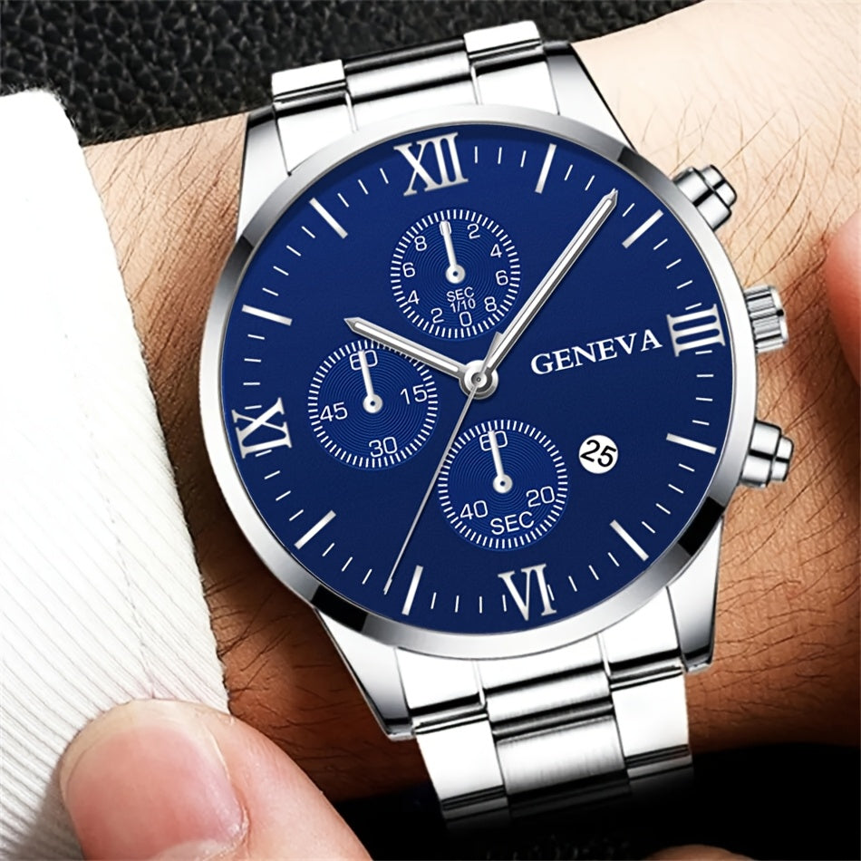 Luxury Gift Set For Men: Stainless Steel Quartz Watch With Calendar, Silvery Bracelet Necklace Ring - Perfect Accessories For Business And Leisure