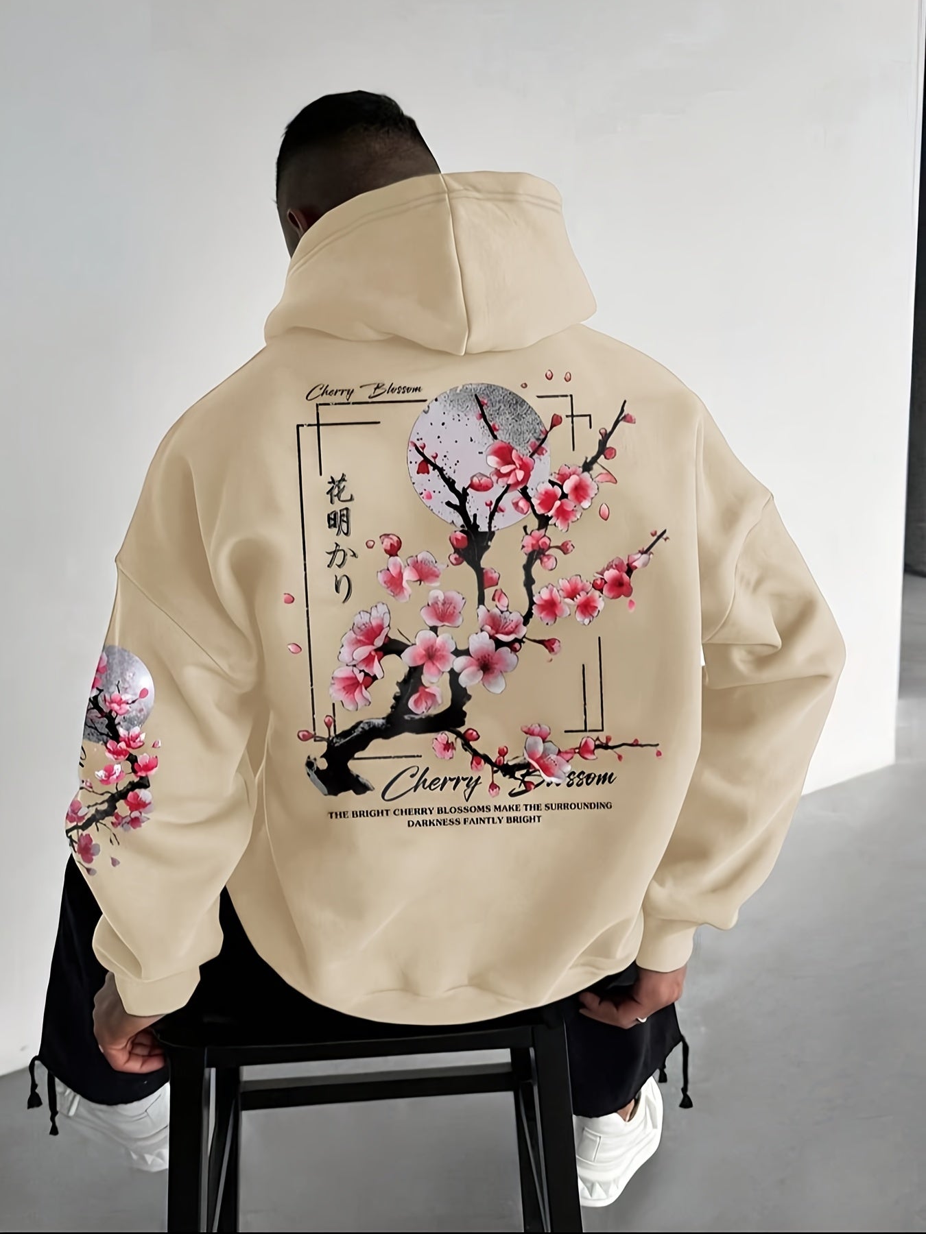 Men's Cherry Blossom Print Fleece-Lined Hoodie - Casual & Sporty Loose Fit Green Sweatshirt with Pockets, Polyester, Non-Stretch Fabric for Fall/Winter