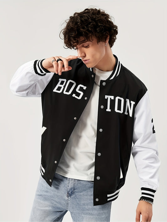 Men's Casual Loose Fit Zip-Up Baseball Jacket With "boston " Letter Print