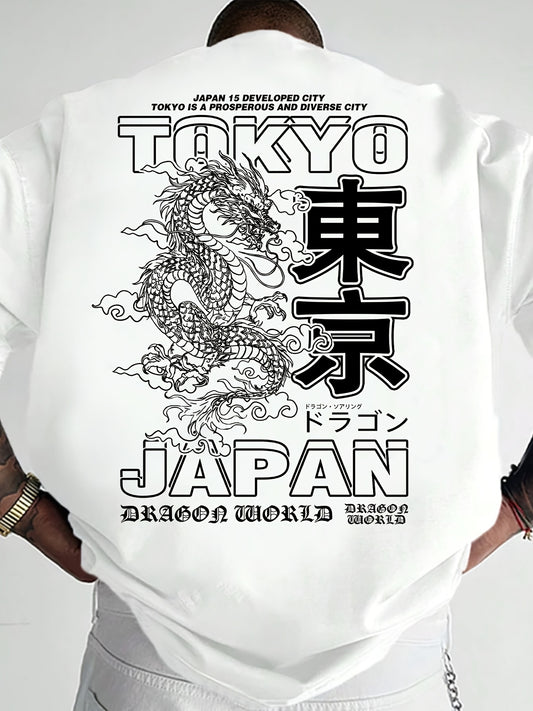 Men's Casual Dragon Print T-Shirt - Loose Fit, Round Neck, Polyester Blend, Summer Wear