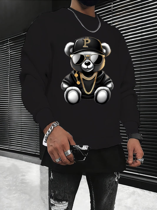 Men's Casual Crew Neck Sweatshirt with Trendy Bear Print - Soft Polyester, Machine Washable