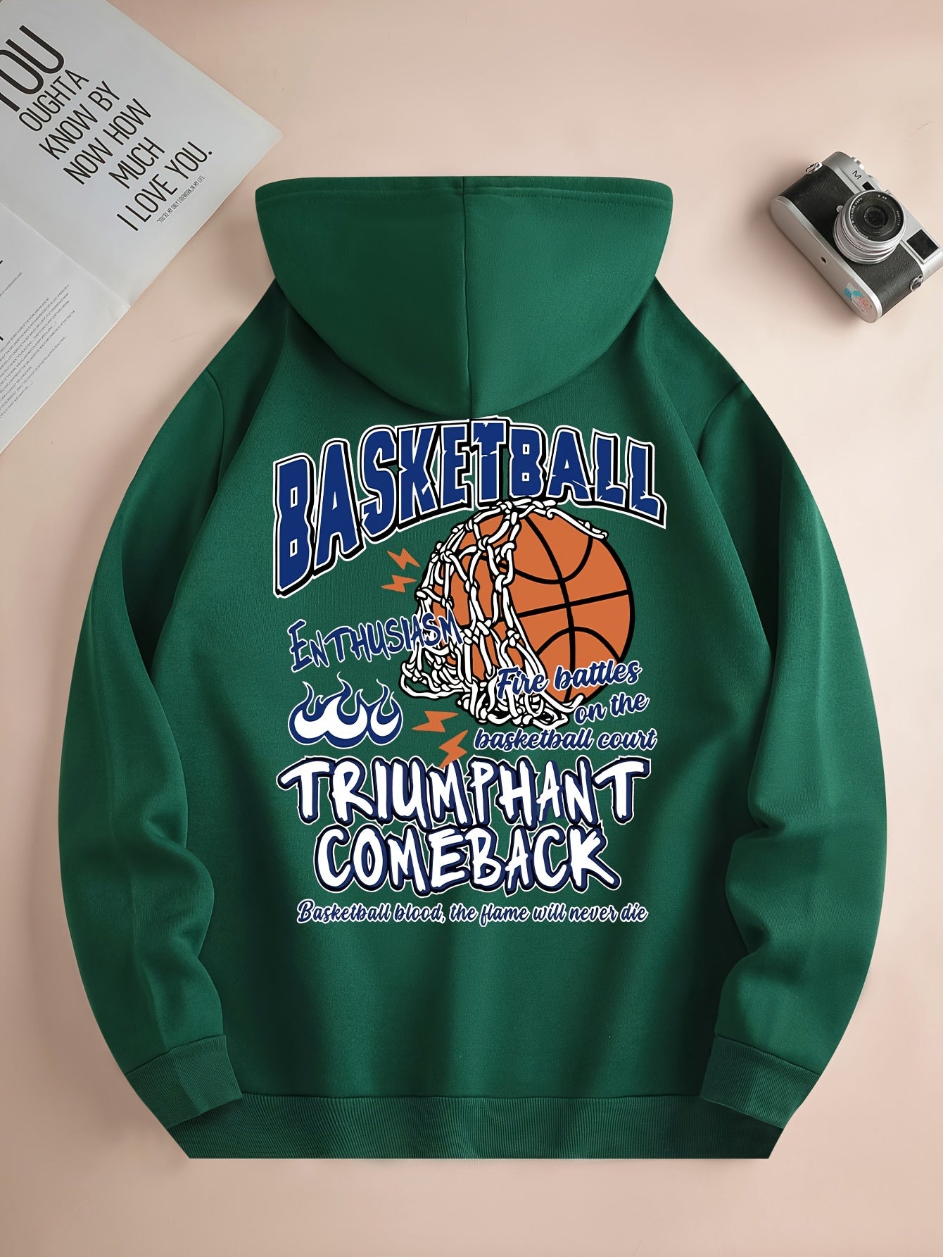 Basketball Print Kangaroo Pocket Hoodie, Casual Long Sleeve Hoodies Sweatshirt, Men's Clothing, For Fall Winter