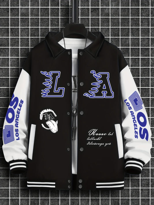 Trendy Casual Sports Thick Fleece-Lined Baseball Jacket with Random Print, Polyester, Machine Washable
