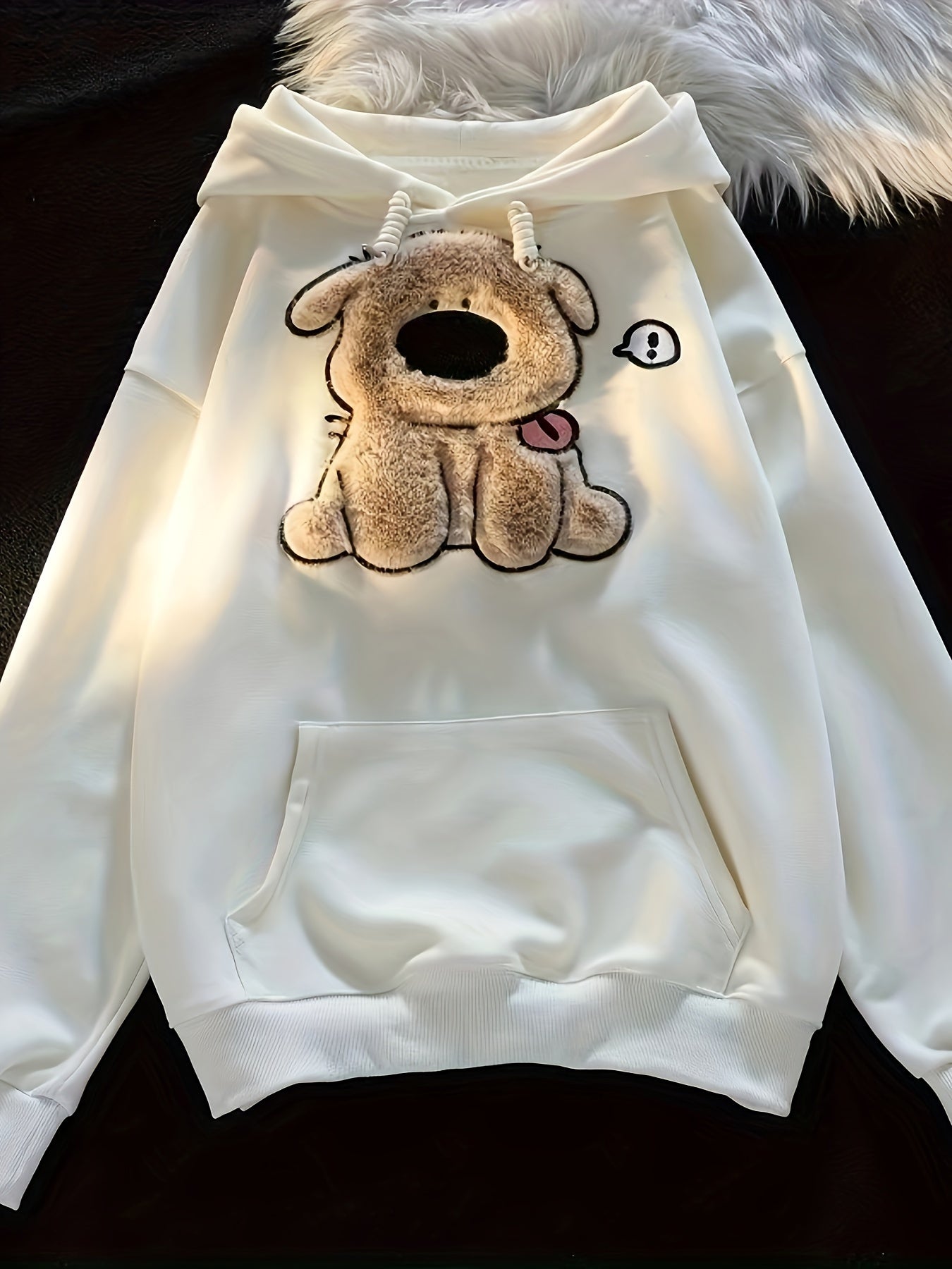 Bear Texture Drawstring Hoodie, Casual Long Sleeve Kangaroo Pocket Sweatshirt For Fall & Winter, Women's Clothing