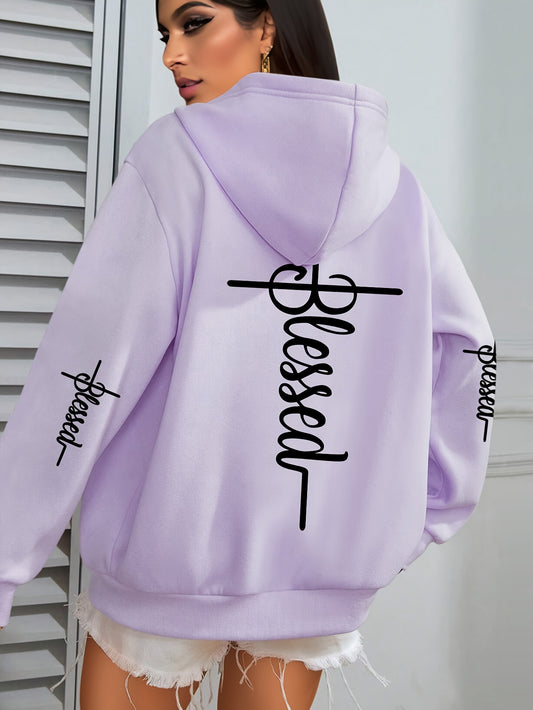 Women'S Plus Size "BLESSED" Print Hoodie - Casual Long Sleeve Pullover with Pocket, 100% Polyester Knit Fabric, Slight Stretch, Fall/Winter Hooded Sweatshirt, Faith Pattern Design