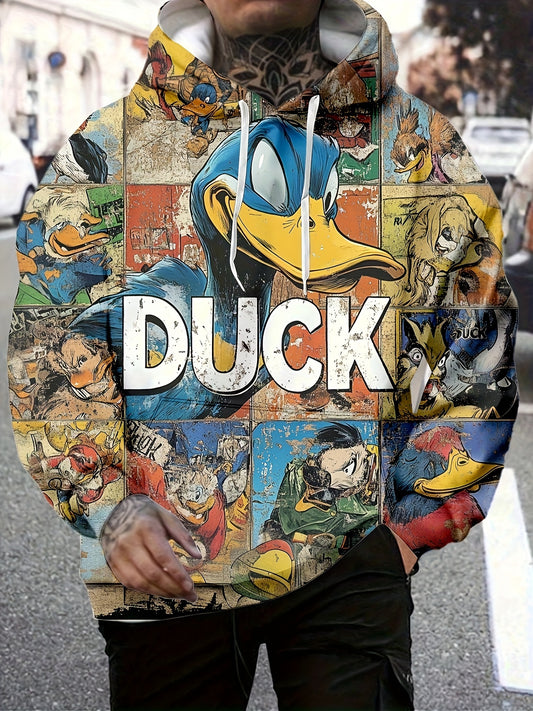 Vintage Cartoon Duck Graphic Print Hoodie - 100% Polyester Knit Fabric, Long Sleeve Hooded Sweatshirt with Slight Stretch, Regular Fit, Unisex Style