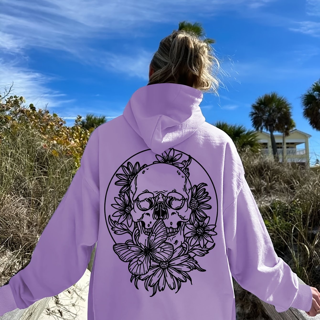 Plus Size Floral Skull Print Hoodie - Casual Oversized Pullover with Long Sleeves, Pocket Detail, Slight Stretch Polyester - Women's Fall/Winter Hooded Knit Sweatshirt