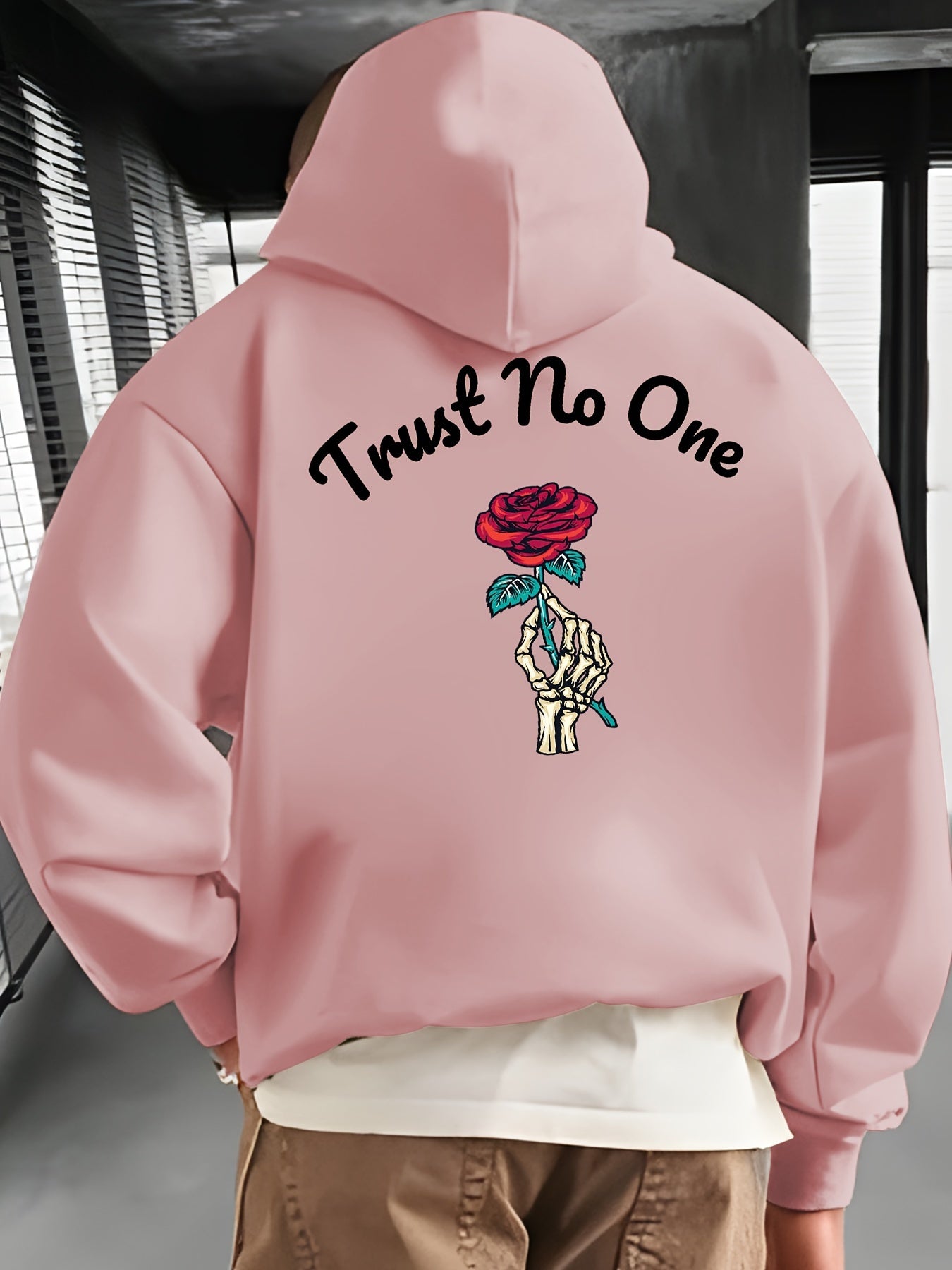 Rose Print Kangaroo Pocket Hoodie, Casual Long Sleeve Hoodies Pullover Sweatshirt, Men's Clothing, For Fall Winter