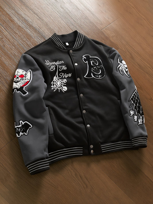Men's Trendy Embroidered Letter Varsity Jacket - Color Block, Button-Up Baseball Collar with Pockets, Machine Washable