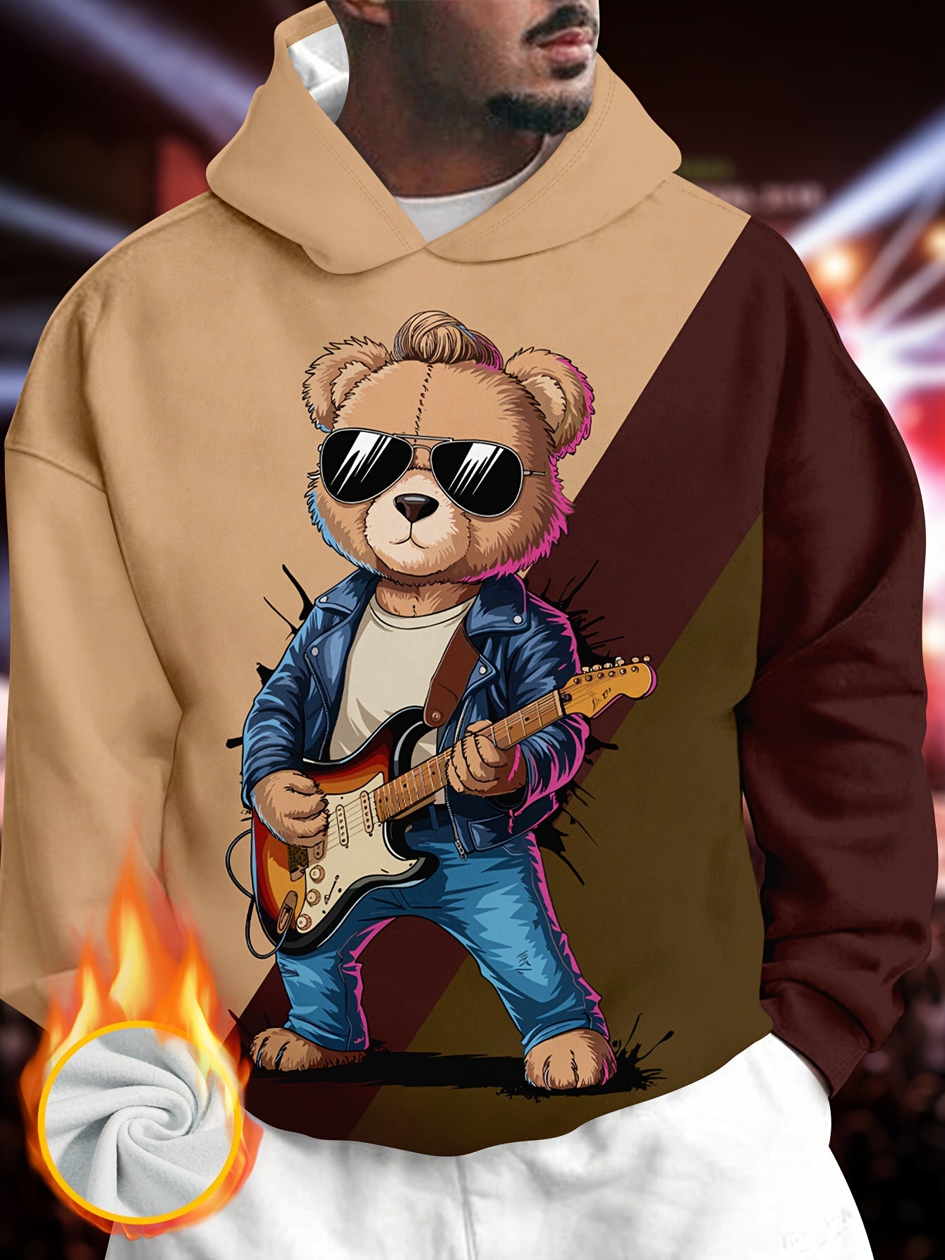 Men's Fleece-Lined Hoodie with Guitar Bear Print - Casual & Trendy Color Block Pullover, Long Sleeve, Machine Washable