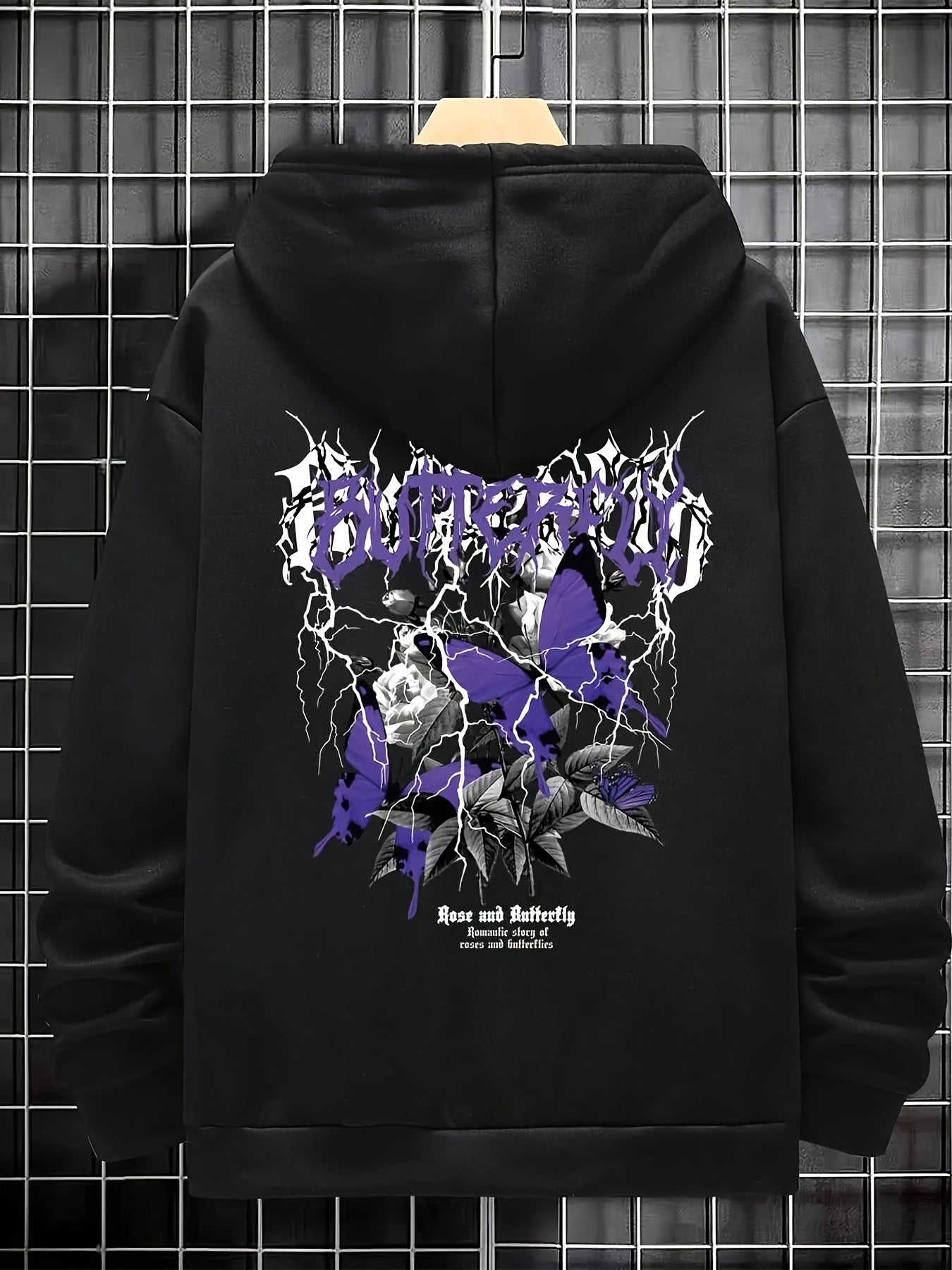 Men's Casual Hoodie with Letter and Butterfly Print, Fleece-Lined Loose Fit Pullover, Polyester, Non-Stretch Fabric - Ideal for Fall/Winter