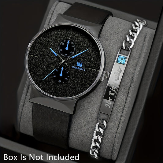 2pcs/set, Fashion Men's Simple Business Quartz Watch & Bracelet Set, Ideal Choice For Gifts