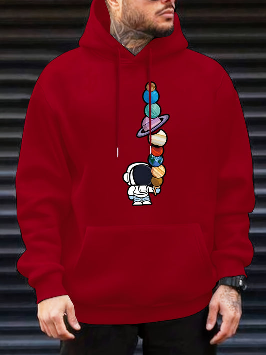 Astronaut And Planets Pattern Print Hooded Sweatshirt, Hoodies Fashion Casual Tops For Spring Autumn, Men's Clothing