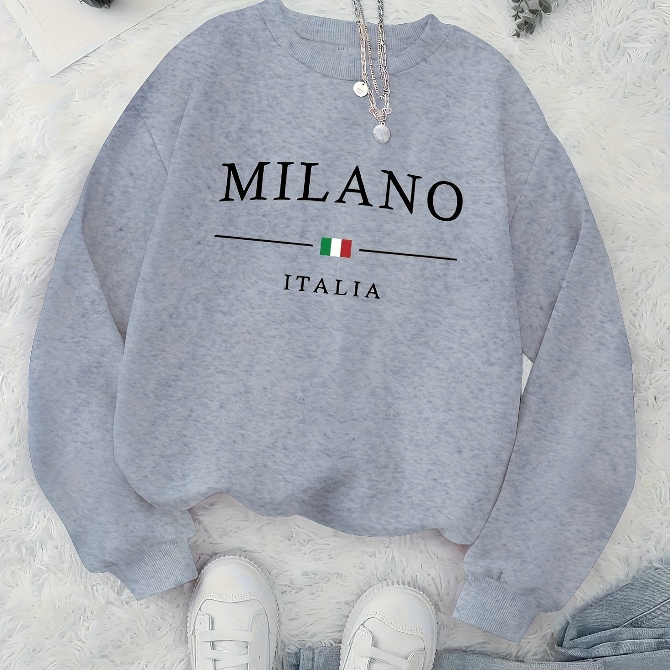 MILANO Print Pullover Sweatshirt, Casual Long Sleeve Crew Neck Sweatshirt For Fall & Winter, Women's Clothing