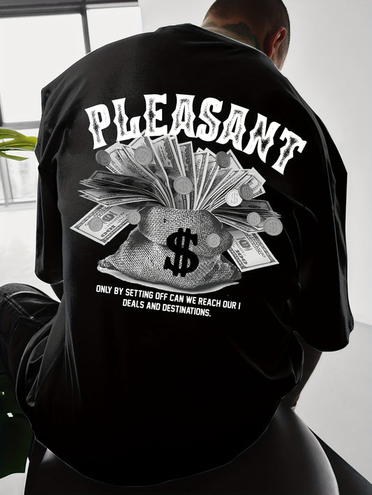 Men's "PLEASANT" Money Print Graphic Tee - Casual Streetwear Black T-Shirt with Crew Neck, Short Sleeves, Loose Fit, Polyester, Machine Washable, Urban Fashion|Bold Graphic Print|Polyester Fabric