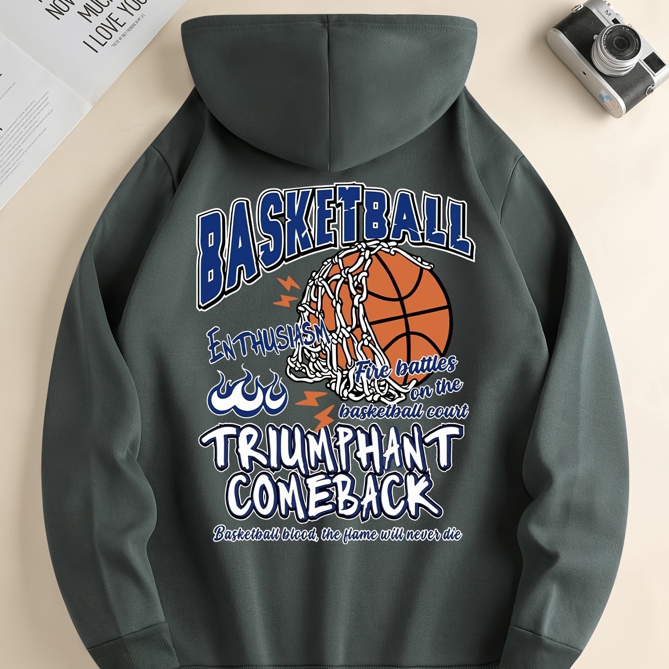 Basketball Print Kangaroo Pocket Hoodie, Casual Long Sleeve Hoodies Sweatshirt, Men's Clothing, For Fall Winter