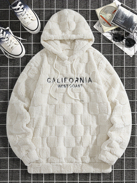 Men's California Westcoast Embroidered Plush Hoodie - Thick, Cozy Polyester Dual-Sided Fleece with Checkered Detail, Casual Long Sleeve Pullover for Autumn & Winter, Fleece Lined Hoodie