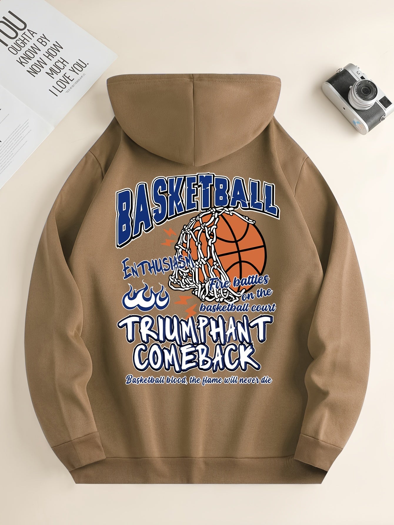 Basketball Print Kangaroo Pocket Hoodie, Casual Long Sleeve Hoodies Sweatshirt, Men's Clothing, For Fall Winter