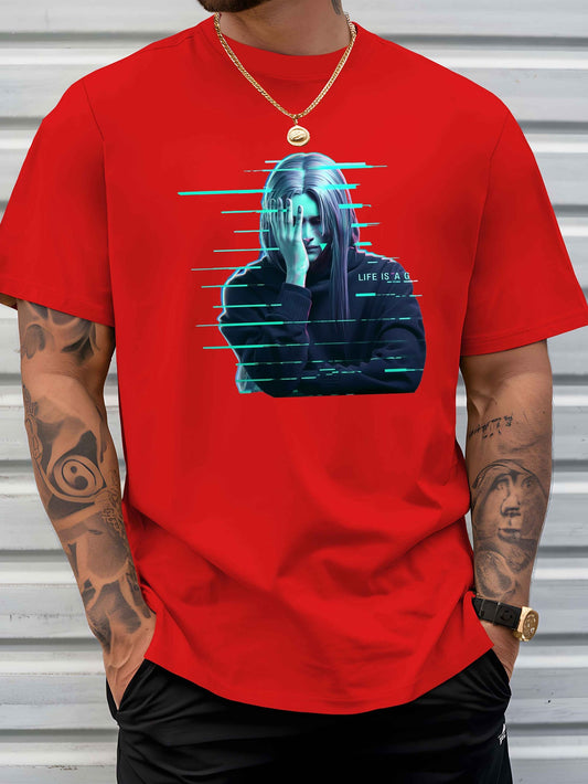 Life Is A Glitch" Men's Red Graphic Tee - Casual & Breathable Short-Sleeve T-Shirt with Abstract Face Print, Round Neck, Polyester Blend - Perfect for Summer, Oversized T Shirt