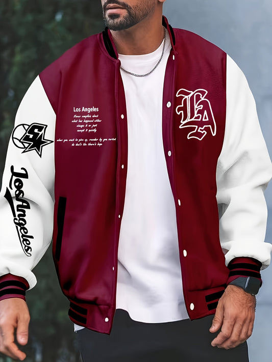 1pc Men'S Casual Polyester Baseball Jacket with Slight Stretch, Knit Fabric, Button Closure, Regular Fit, Print Pattern, Baseball Collar, Fall/Winter Outerwear