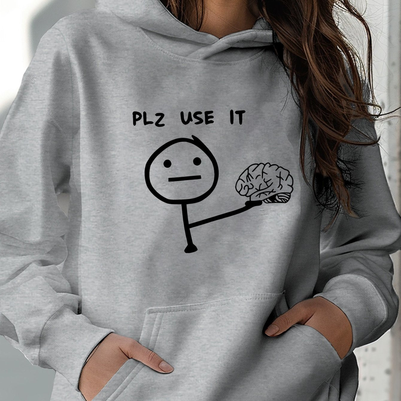 1pc "PLZ USE IT" Graphic Print Hoodie - Women'S Active Long Sleeve Sweatshirt, Street Style, Fashionable Hood and Spacious Kangaroo Pocket, Soft and Comfortable Polyester Knit Fabric, Casual All-Season Sweatshirt