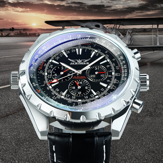 [JARAGAR Luxury Pilot Watch] JARAGAR Luxury Pilot Watch - Automatic Mechanical, 24H Display, Stainless Steel Case - Date & Week Feature, Black Faux Leather Strap