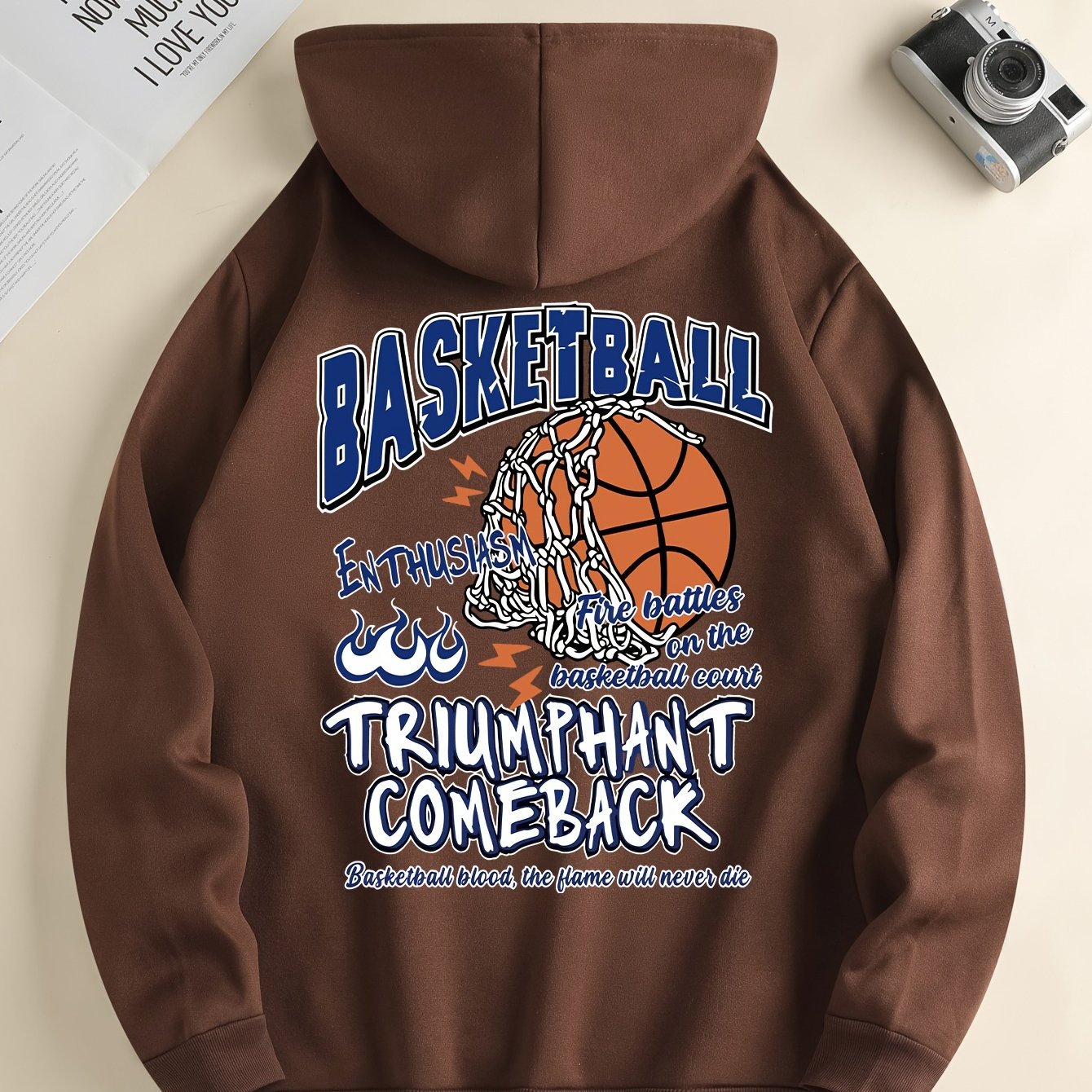 Basketball Print Kangaroo Pocket Hoodie, Casual Long Sleeve Hoodies Sweatshirt, Men's Clothing, For Fall Winter