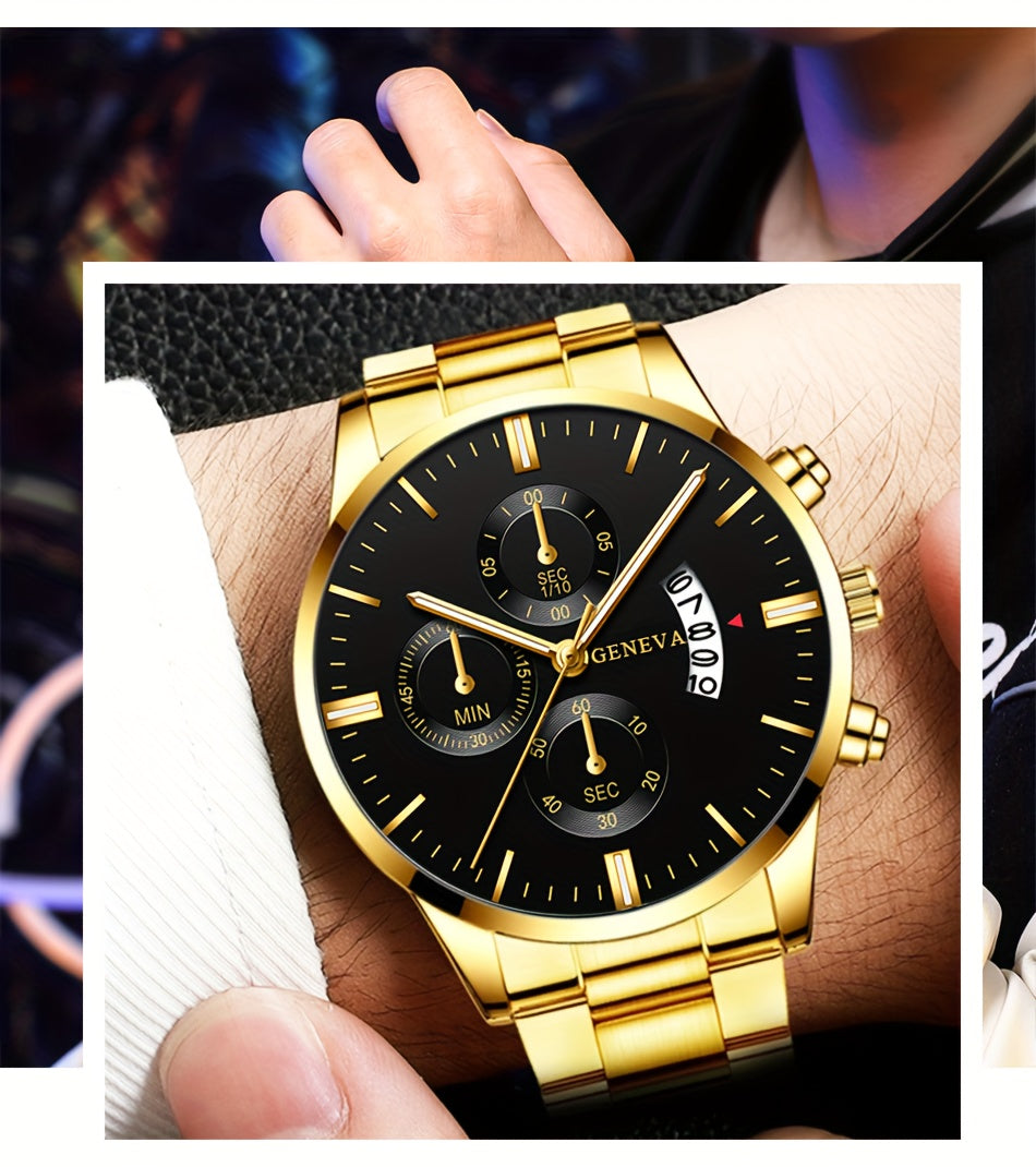 2PCS Fashion Mens Bracelet Watches Set Men Business Stainless Steel Quartz Watch Male Calendar Date Wristwatch