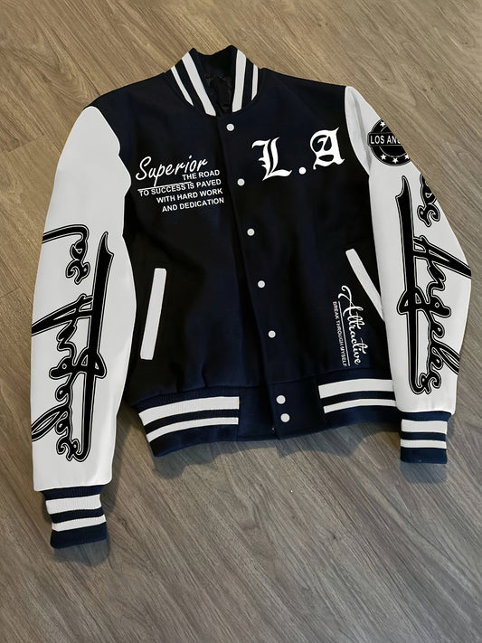 1pc Men'S LA Letter Print Polyester Casual Street Style Baseball Jacket, Knit Fabric with Slight Stretch, Regular Fit, Button Closure, Polyester Lining, Baseball Collar - Fall/Winter Collection