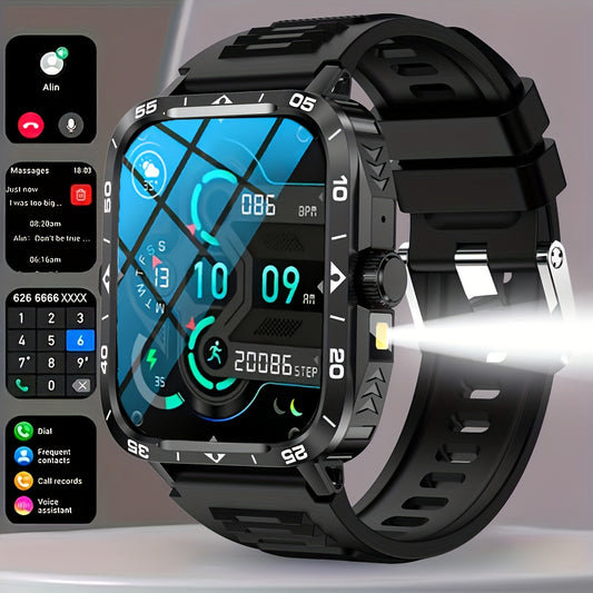 Smart Watch with LED Flashlight, 4.95cm Display, Compatible with Android & Iphone, 100+ Sports Modes, Customizable Watch Faces, Calorie & Step Counter, Water-Resistant, USB Charging, Wireless 5.1, TFT Screen, PC Case, Silicon