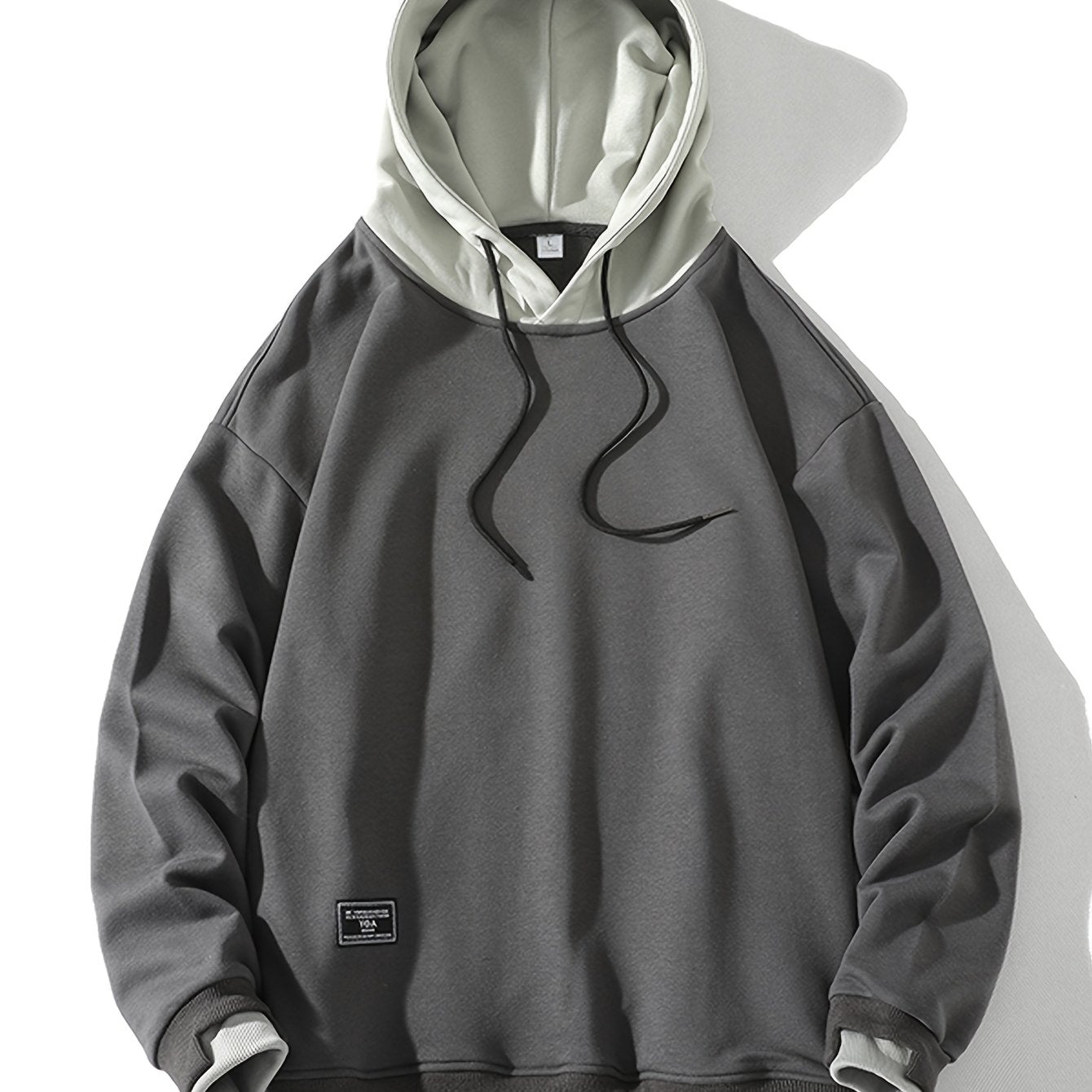 Men'S Fashion Casual Hooded Sweatshirt, 100% Polyester Knit Fabric, Long Sleeve, Loose Fit Pullover with Geometric Applique Design, Medium Stretch, for Spring/Autumn Trendy Streetwear