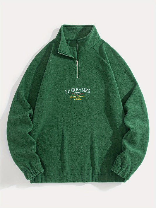 Fairbanks Embroidered Men's Sweatshirt - Cozy Green Fleece with Stand Collar, Long Sleeves & Zipper Detail, 100% Polyester, Casual Preppy Style, Machine Washable